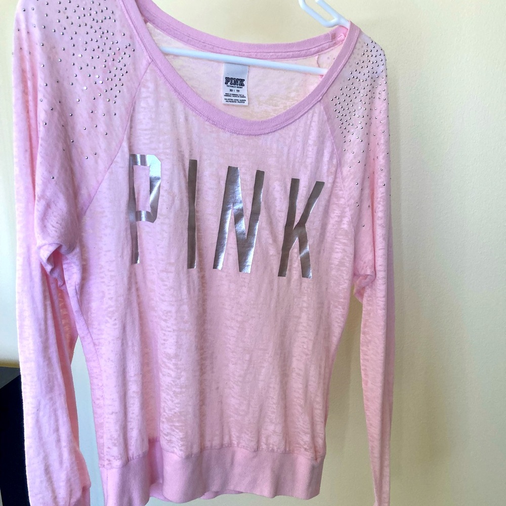 PINK see through casual long sleeve shirt with sparkles size XS